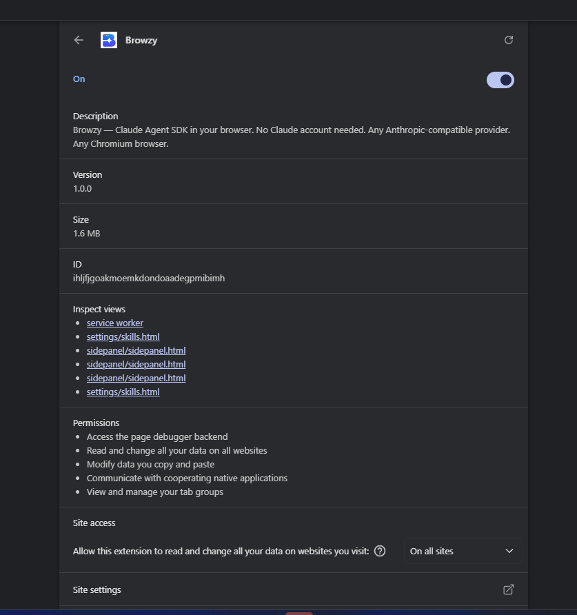 The Browzy card in chrome://extensions, enabled, showing its extension id