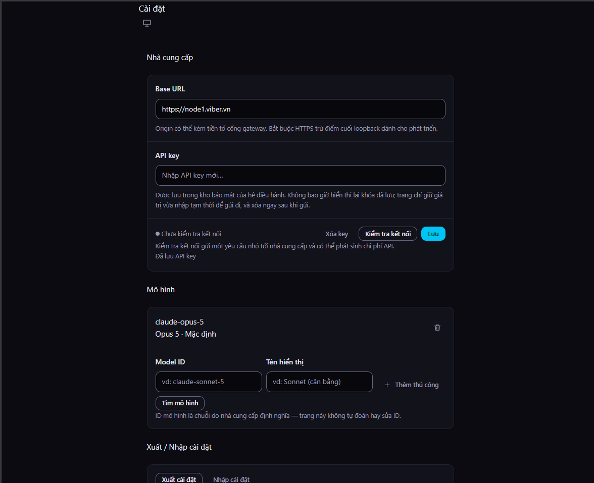 The Browzy settings screen with Base URL, API key and model fields